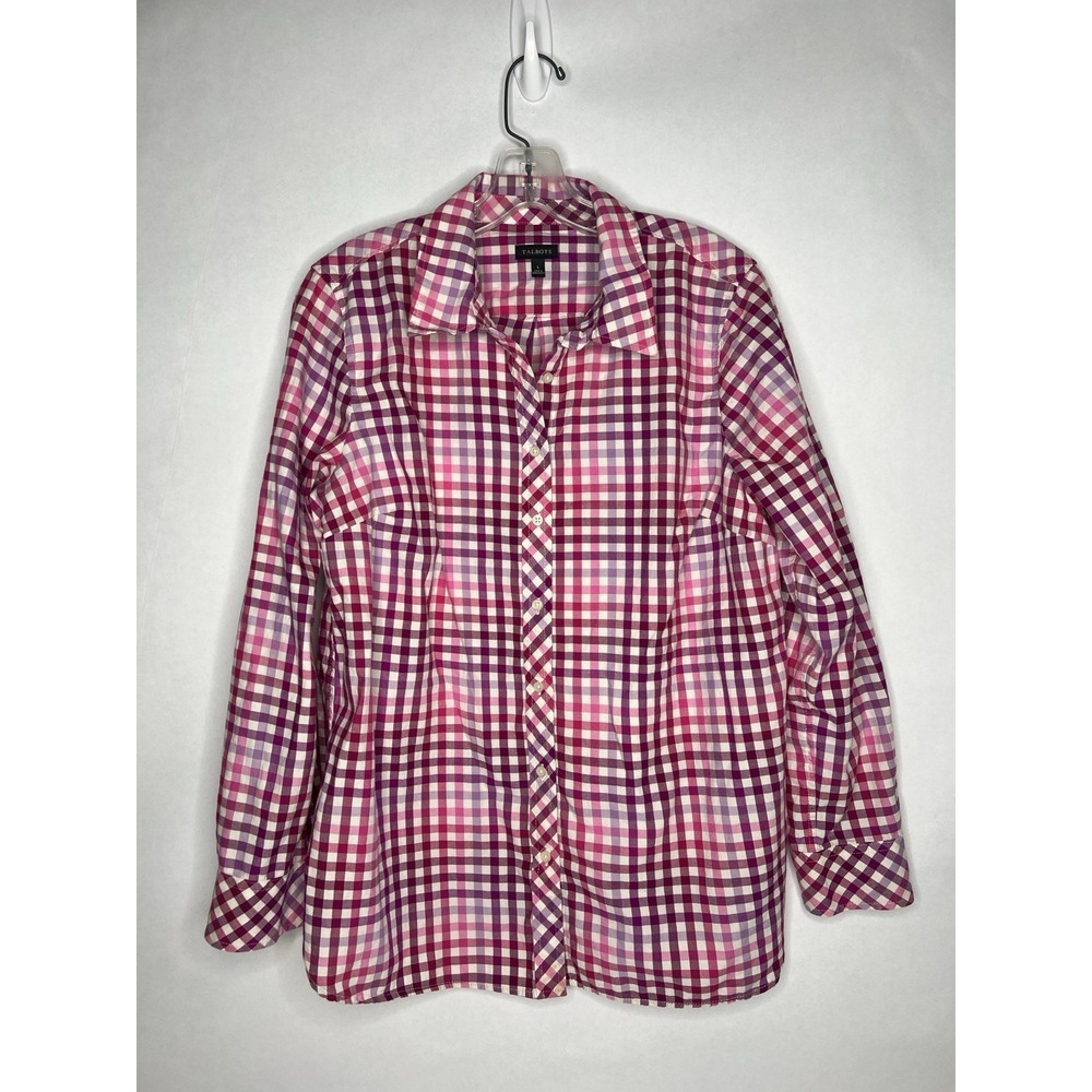 Talbots Gingham Button-Up Shirt Collared Long Sleeve Pink White L Magenta